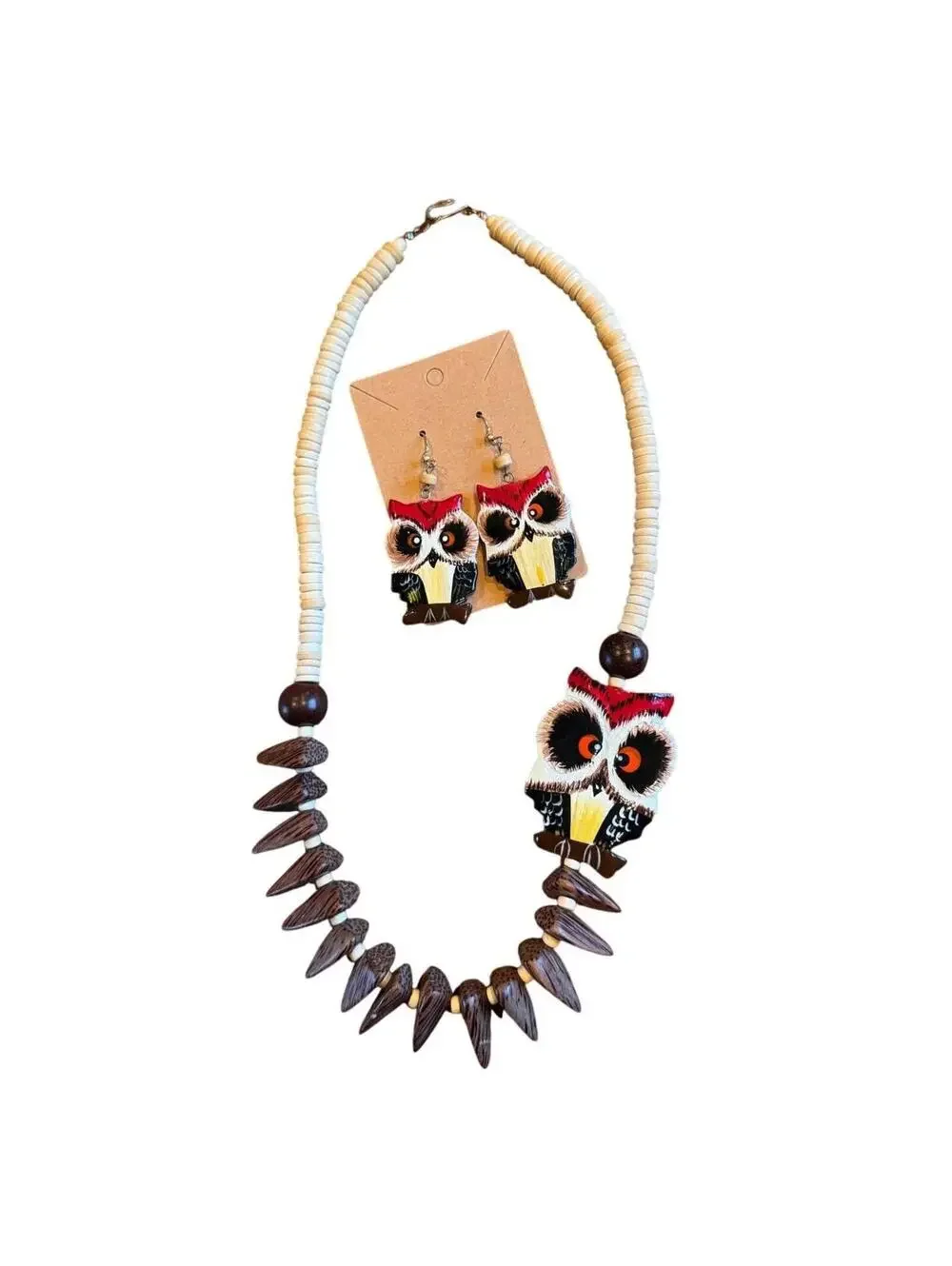 R253 Hand-Painted Owl Boho Statement Set(Necklace+Earrings) Lightweight R0000253